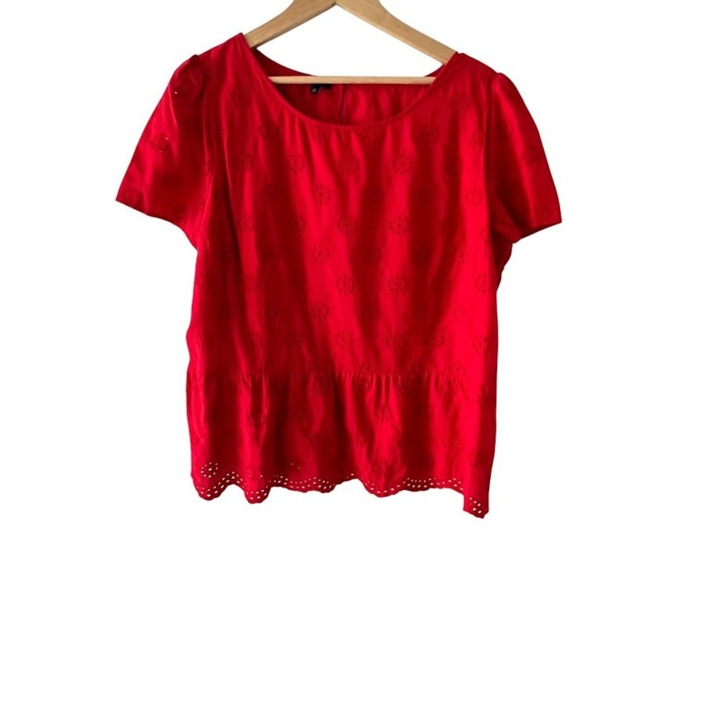 Talbots Womens Red Cotton Eyelet Embroidered Peplum Blouse Top Size 18 Scalloped